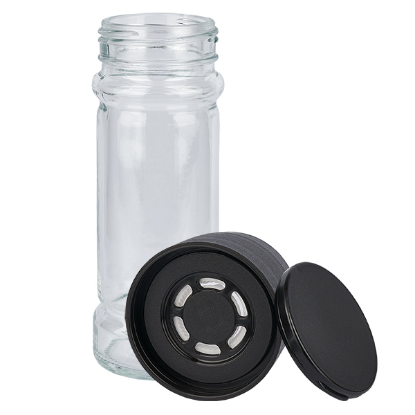 Barattolo per spezie in vetro trasparente da 100 ml con macinino in ceramica nera Barattolo per spezie in vetro trasparente da 100 ml con macinino in ceramica nera