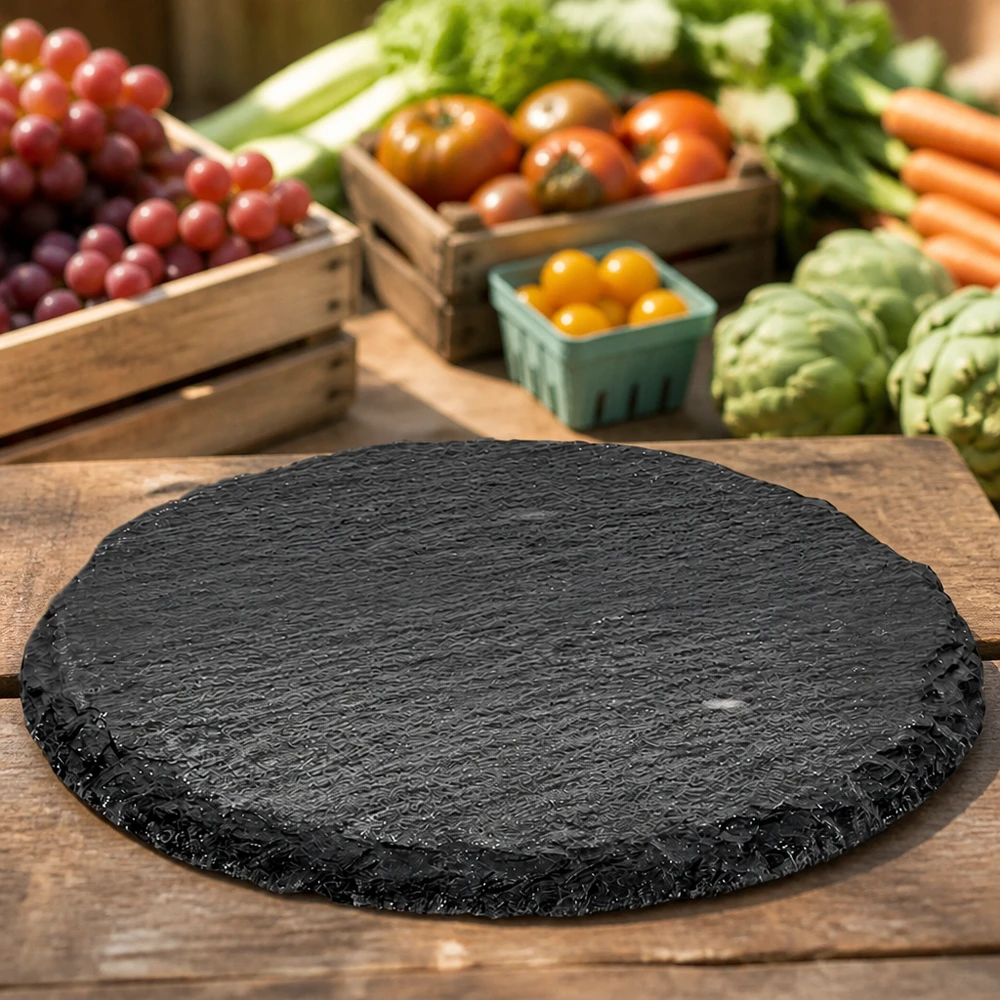 Piatto da portata rotondo in ardesia Ø 150 mm Piatto rotondo in ardesia da 15 cm tra verdure fresche e frutta come superficie di servizio naturale per formaggi e snack
