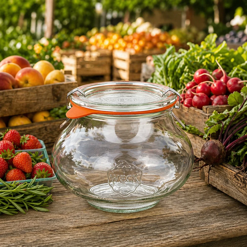 Vaso decorativo da 560 ml completo WECK RR80 Vaso da gioielleria WECK 560ml RR80 su tavolo di legno tra frutta e verdura fresca, scena di mercato naturale con vaso da conserva