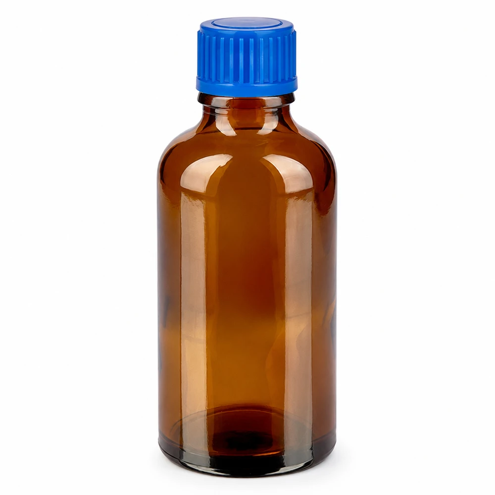 50ml Flasche 11mm Schraubverschluss blau Standard BrownLine UT18/50 Hochwertige 50ml Glasflasche in Braun mit blauem Deckel für Labor und Apotheke