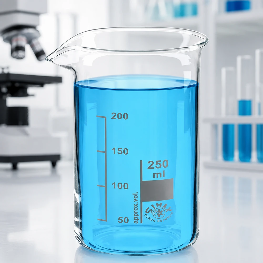 Bicchiere 250ml in vetro borosilicato, forma alta Becher vuoto da 250 ml, forma alta, in vetro borosilicato, con beccuccio, su un piano di lavoro bianco da laboratorio