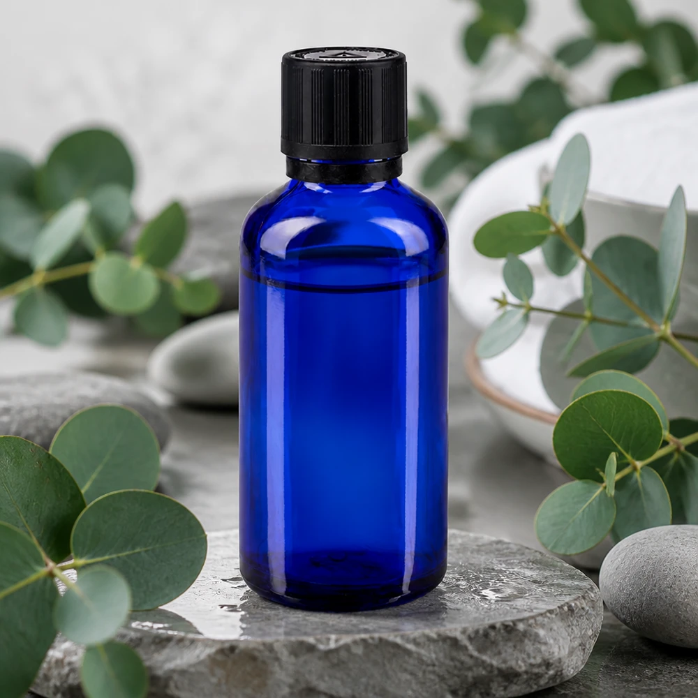 Flacon de pharmacie bleu de 50 ml muni d'un bouchon de sécurité noir pour enfants, posé sur des pierres naturelles agrémentées de brindilles d'eucalyptus