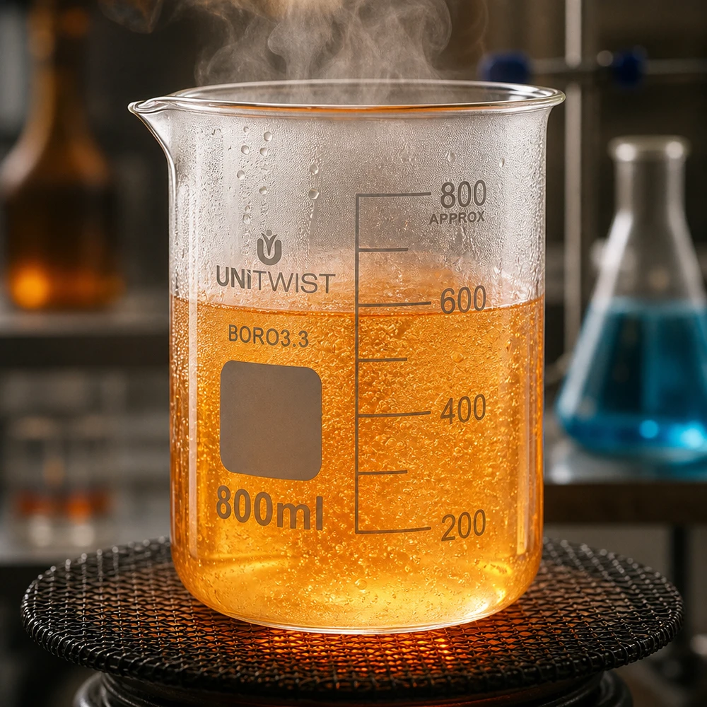 Bicchiere 800ml borosilicato, stampo basso UNiTWIST Bicchiere di vetro UNiTWIST da 800 ml con liquido arancione in ebollizione, riscaldato su una griglia metallica
