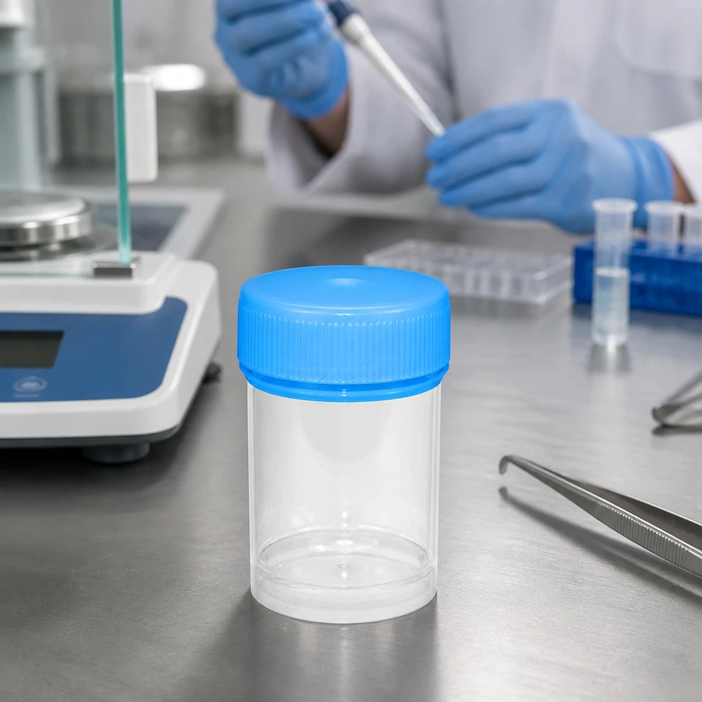 Pot en plastique multiusage de 20 ml Boîte en plastique de 20 ml conditionnée de manière stérile, avec bouchon à vis nervuré, destinée à des applications médicales