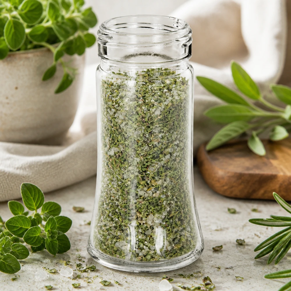 Bauchiges Salz- und Gewürzglas Bobby 95ml mit Kräutersalz und frischen Küchenkräutern