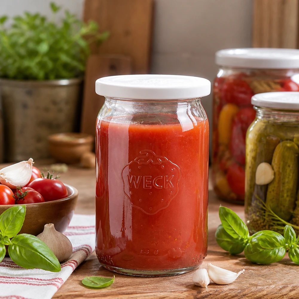 Barattolo cilindrico da 145 ml con coperchio salvafreschezza. WECK RR40 WECK RR40 barattolo per conserve da 145 ml riempito di salsa di pomodoro rosso in cucina rustica con erbe e verdure fresche