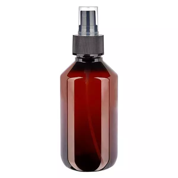 Flacon médical de 200 ml en PET, avec spray noir GCMI 28/410 et capuchon transparent standard