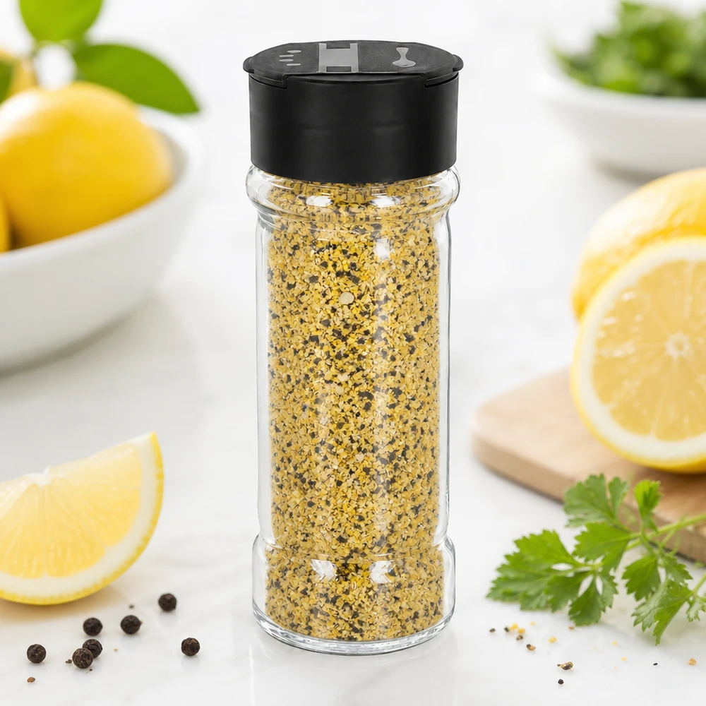 Pot à sel/épices 100 ml avec double saupoudreuse, noir 100ml Gewürzglas mit Doppelstreuer für Salz und Pfeffer in moderner Küchenumgebung