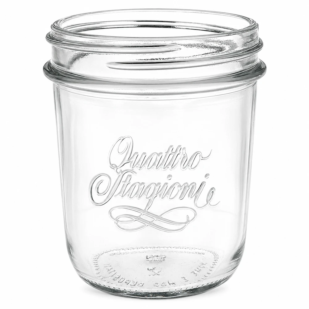 Bicchieri vuoti Quattro Stagioni da 320 ml con filettatura QS86 mm ed eleganti scritte per conserve e scatolame