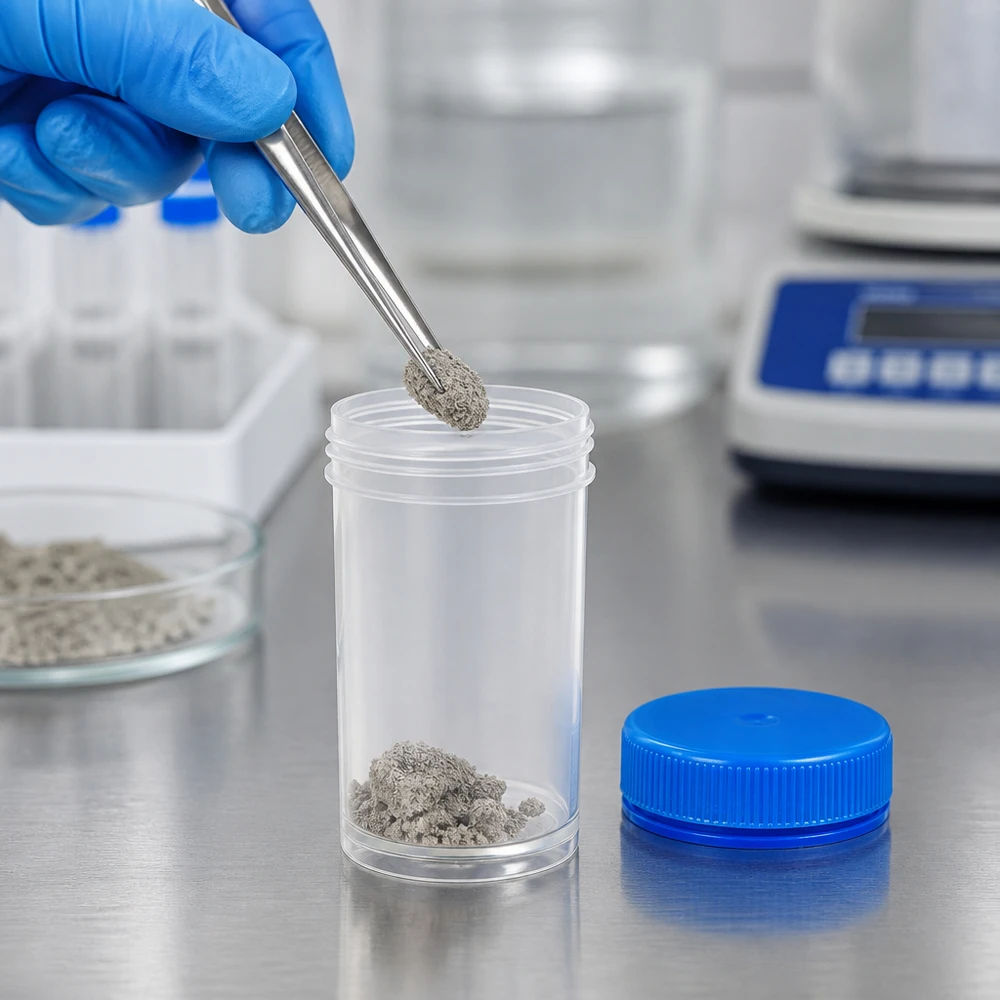 Récipient Pathogefäß de 50 ml lors du remplissage avec des solides granulés à l'aide d'une pince stérile
