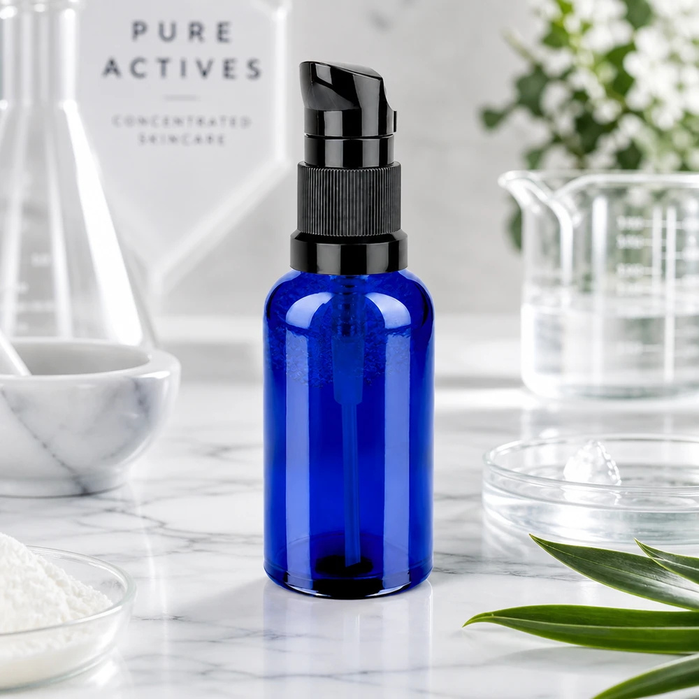 50ml Pumpflasche schwarz Standardverschluss BlueLine UT18/50 Moderne Glasflasche 50ml in Kobaltblau mit schwarzem Applikator für Beauty-Routine STD BlueLine UT18/50