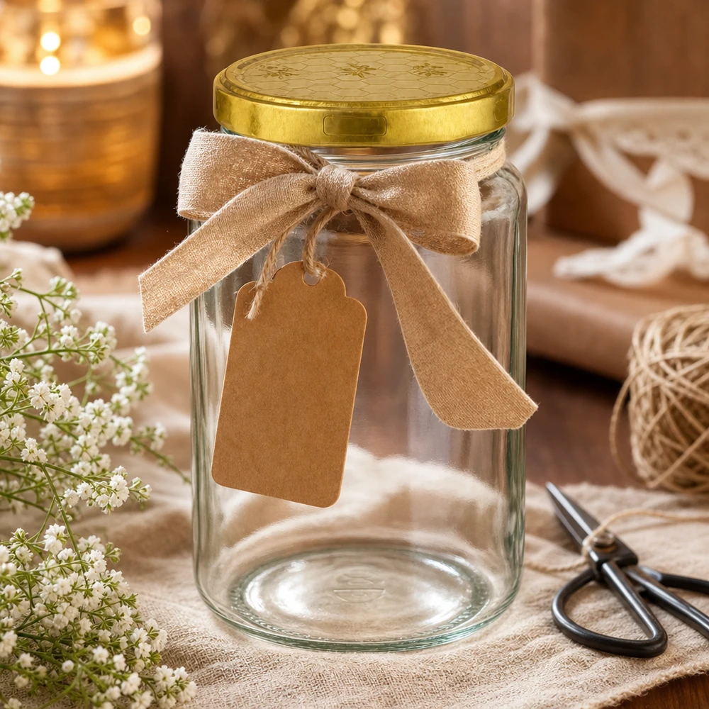 795ml Rundglas + BasicSeal Deckel Bienenwabe UNiTWIST 795ml Rundglas mit goldenem Bienenwaben-Deckel als Geschenkverpackung mit Schleife und Anhänger dekoriert