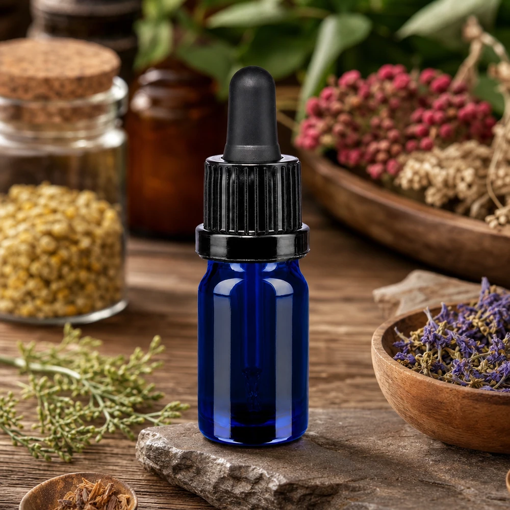 Elegante flacone in vetro blu da 5 ml con contagocce per estratti di piante medicinali OV BlueLine UT18/5