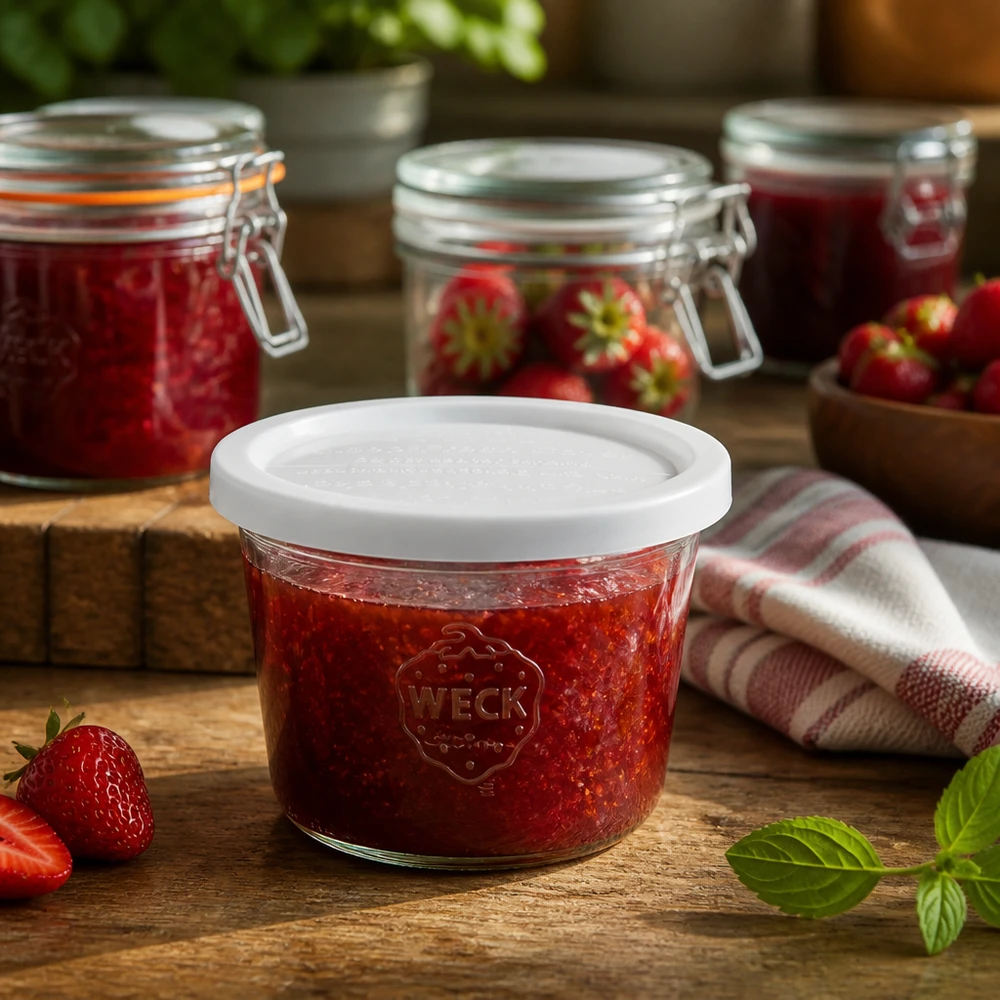 Bocal en verre de 370 ml avec couvercle hermétique WECK RR100 WECK Sturzglas 370ml RR100 mit Erdbeermarmelade befüllt in rustikaler Küche neben frischen Erdbeeren und Einmachgläsern