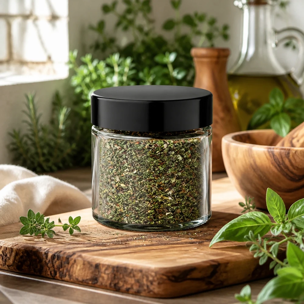 Contenitore per spezie in vetro da 30 ml con coperchio a vite, ideale per conservare le erbe aromatiche da cucina