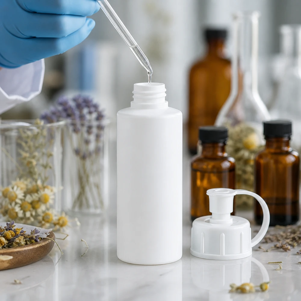 Flacon pharmaceutique professionnel en PEHD de 30 ml, blanc, avec bouchon doseur, destiné aux laboratoires