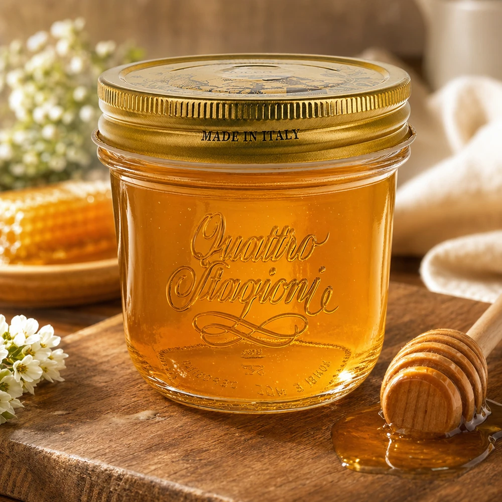 Bicchieri Quattro Stagioni da 200 ml con coperchio dorato riempiti di miele su un tavolo di legno con cucchiaio da miele e fiori