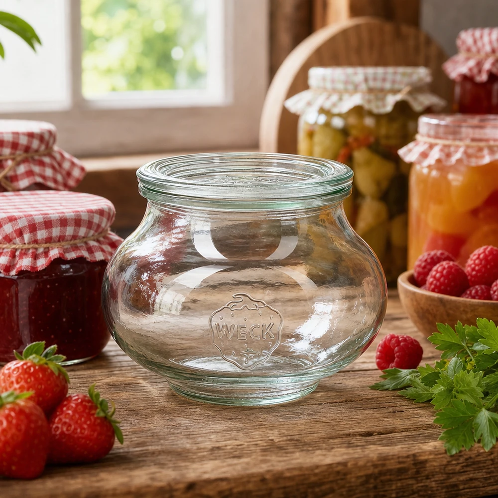 Barattolo decorativo da 560 ml con coperchio in vetro WECK RR80 WECK RR80 Barattolo da 560 ml per conserve in cucina rustica decorato con barattoli per marmellata, frutta e altro