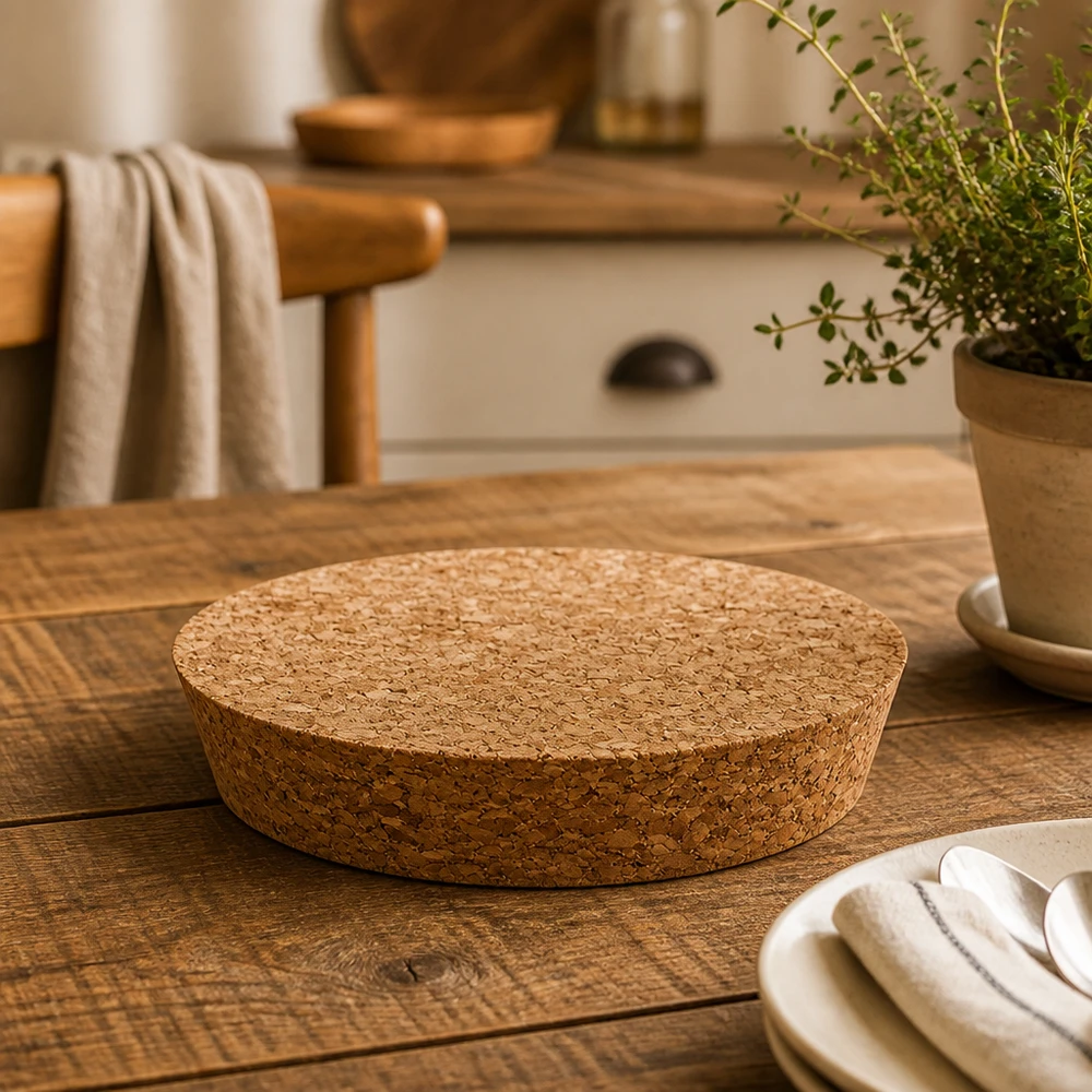 Sughero per apertura 94 mm WECK RR100 (ø97/90, H=20 mm) WECK RR100 dettaglio sughero su tavolo in legno con utensili da cucina e vaso per erbe aromatiche coperchio in sughero naturale altezza 20 mm