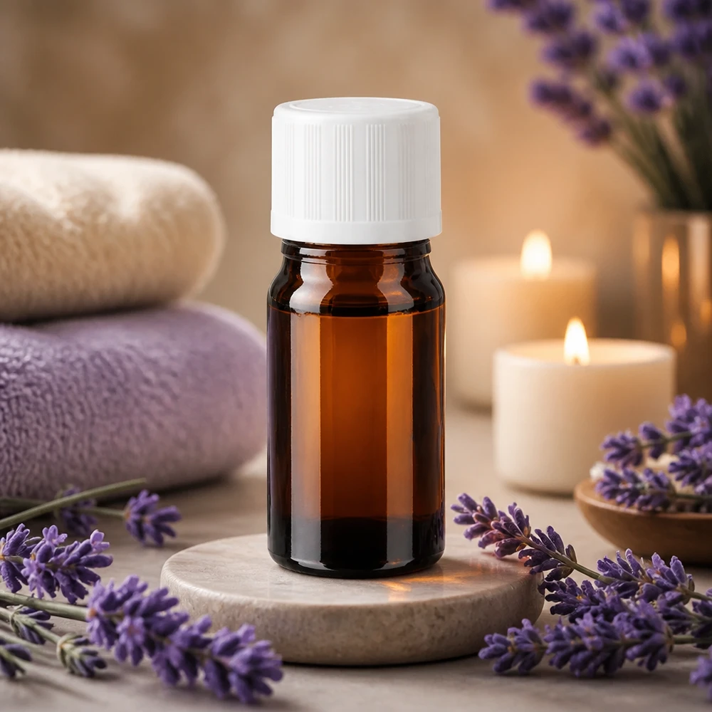 Flacon de pharmacie marron de 5 ml muni d'un bouchon KiSi blanc, posé sur un dessous-de-plat en pierre parmi des fleurs de lavande