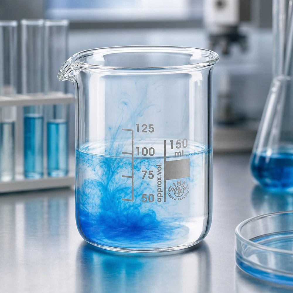 Becher 150ml in vetro borosilicato, forma bassa Bicchiere in vetro borosilicato resistente al calore da 150 ml con liquido blu dal moderno design da laboratorio