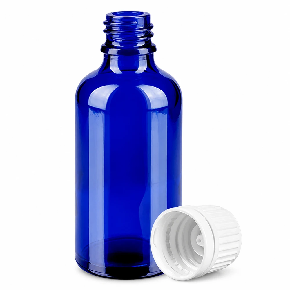 50ml Flasche 11mm Schraubverschluss weiß Originalitätsverschluss BlueLine UT18/50 50ml blaue Medizinflasche aus Glas mit weißem Schraubdeckel für flüssige Präparate