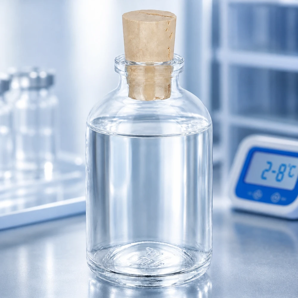 Bottiglia in vetro trasparente da 50 ml con tappo in sughero da 11/14 mm Apothekerflasche Klarglas 50ml mit Korken 11/14mm halb gefüllt mit klarer Lösung im Kühlbereich