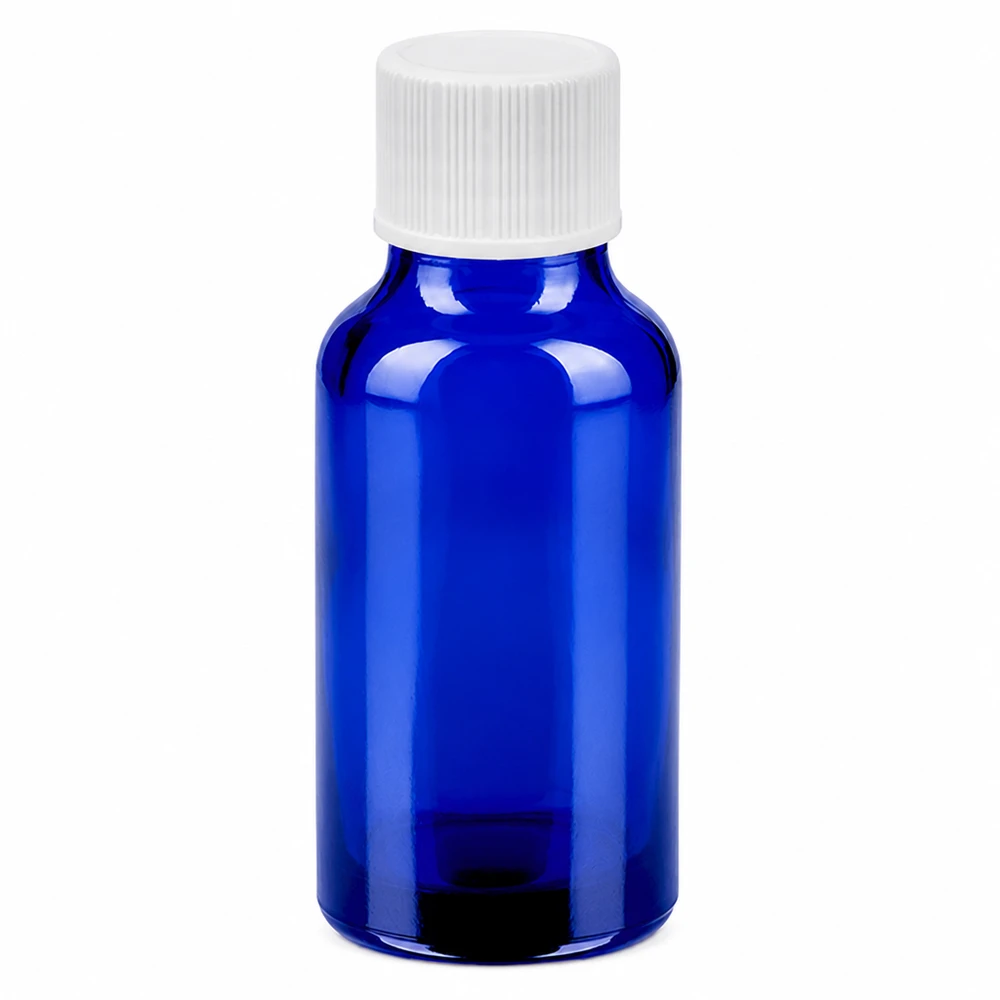 Flacon 20ml 11mm SV blanc STD BlueLine UT18/20 Bouteille en verre bleu de haute qualité d'une capacité de 20 ml avec protection UV et bouchon blanc