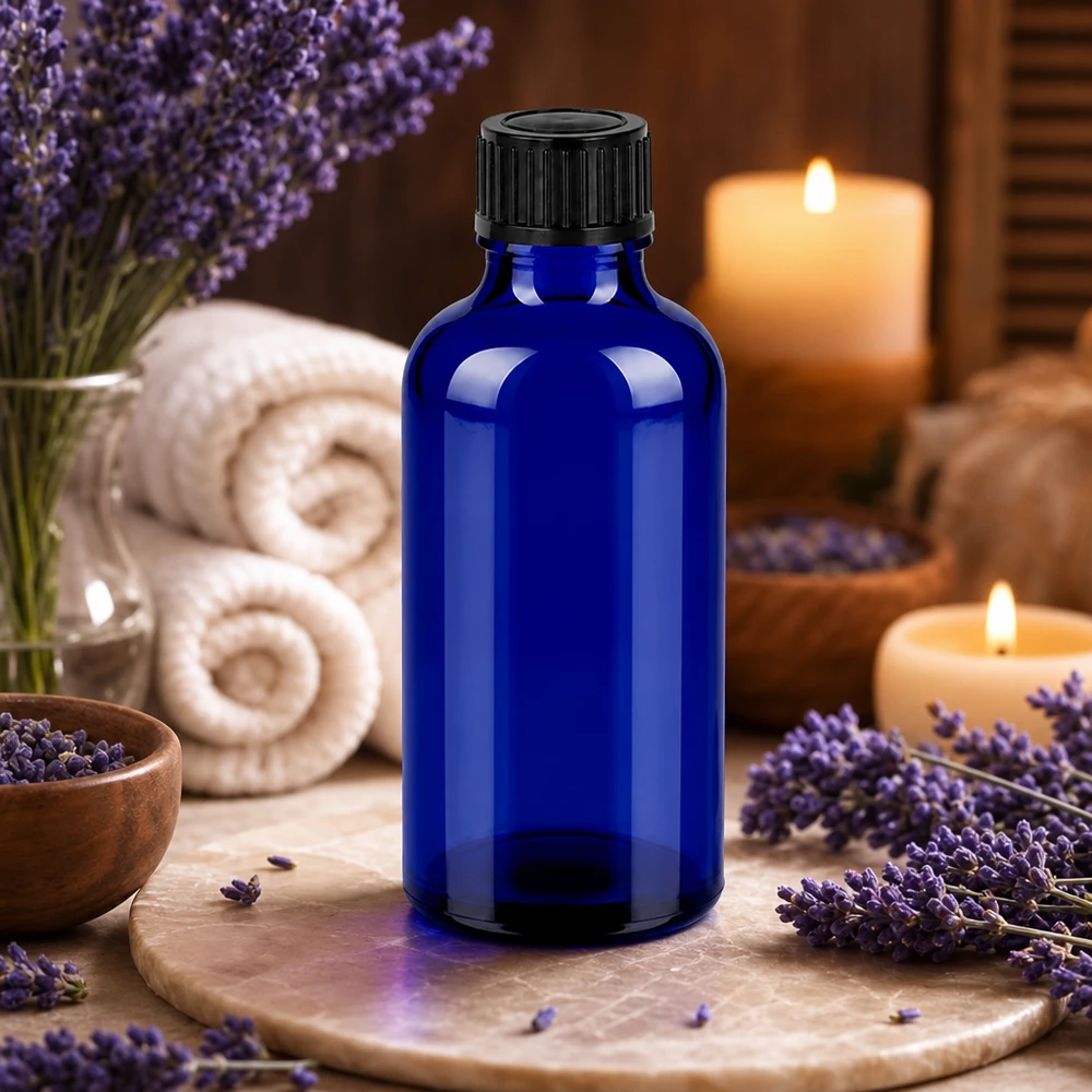Bottiglia compatta in vetro blu da 50 ml con tappo antigoccia per applicazioni mobili