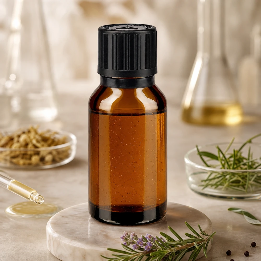 15ml Tropfflasche aus bernsteinfarbenem Glas mit 1mm Öffnung auf weißem Marmorstein