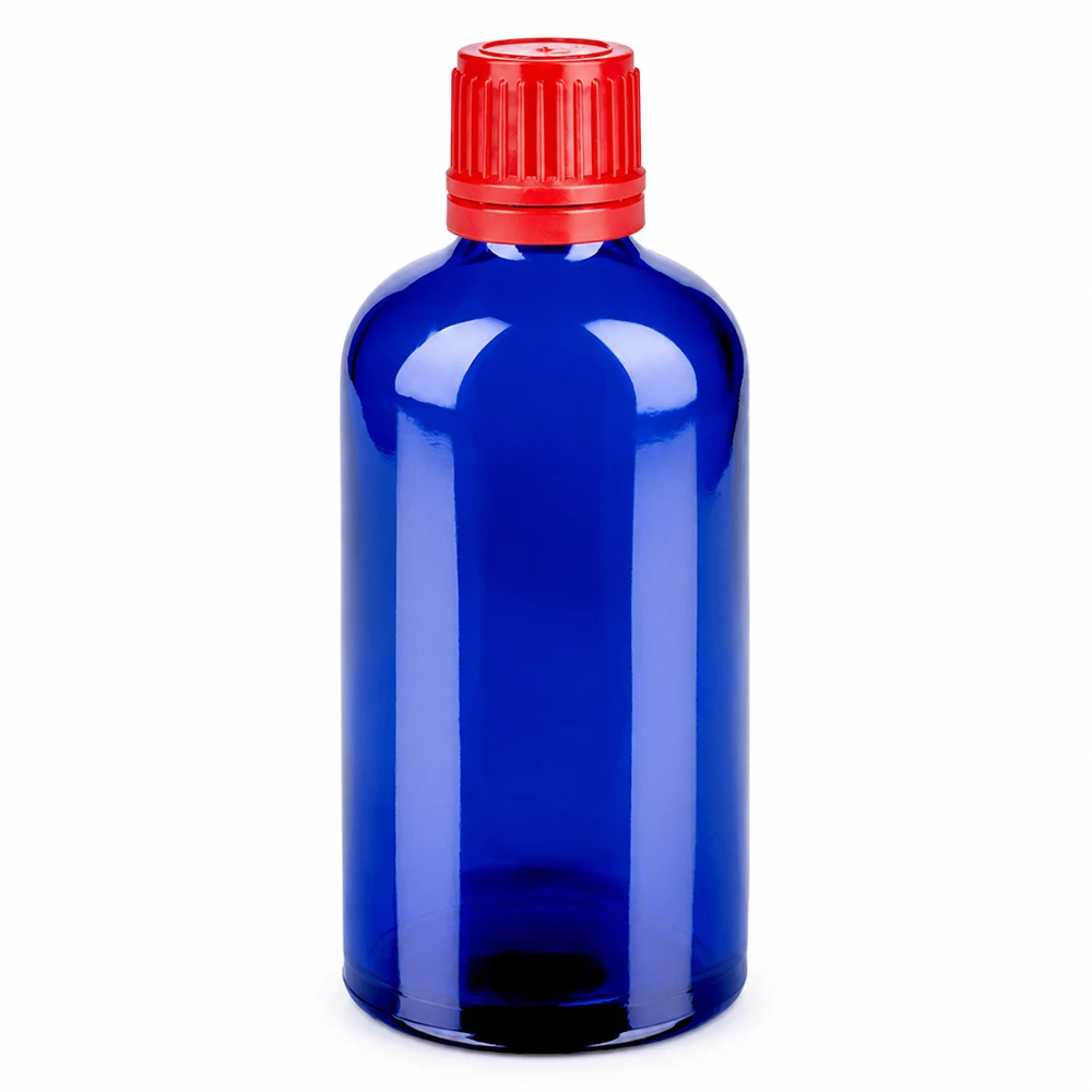 Flacon 100ml 11mm SV rouge OV BlueLine UT18/100 Flacon bleu vif 100ml avec bouchon rouge voyant 11mm SV OV BlueLine