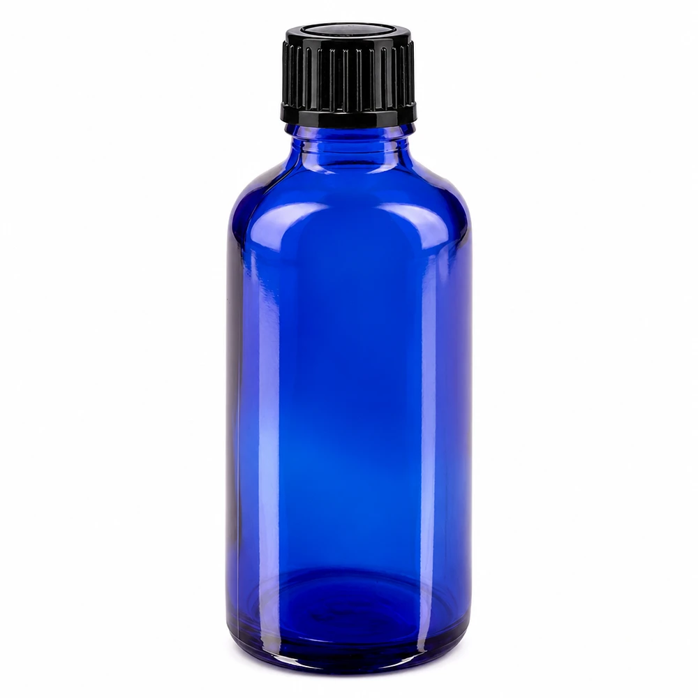 Kleine blaue Medizinflasche 50ml Glas mit kindersicherem schwarzen Verschluss