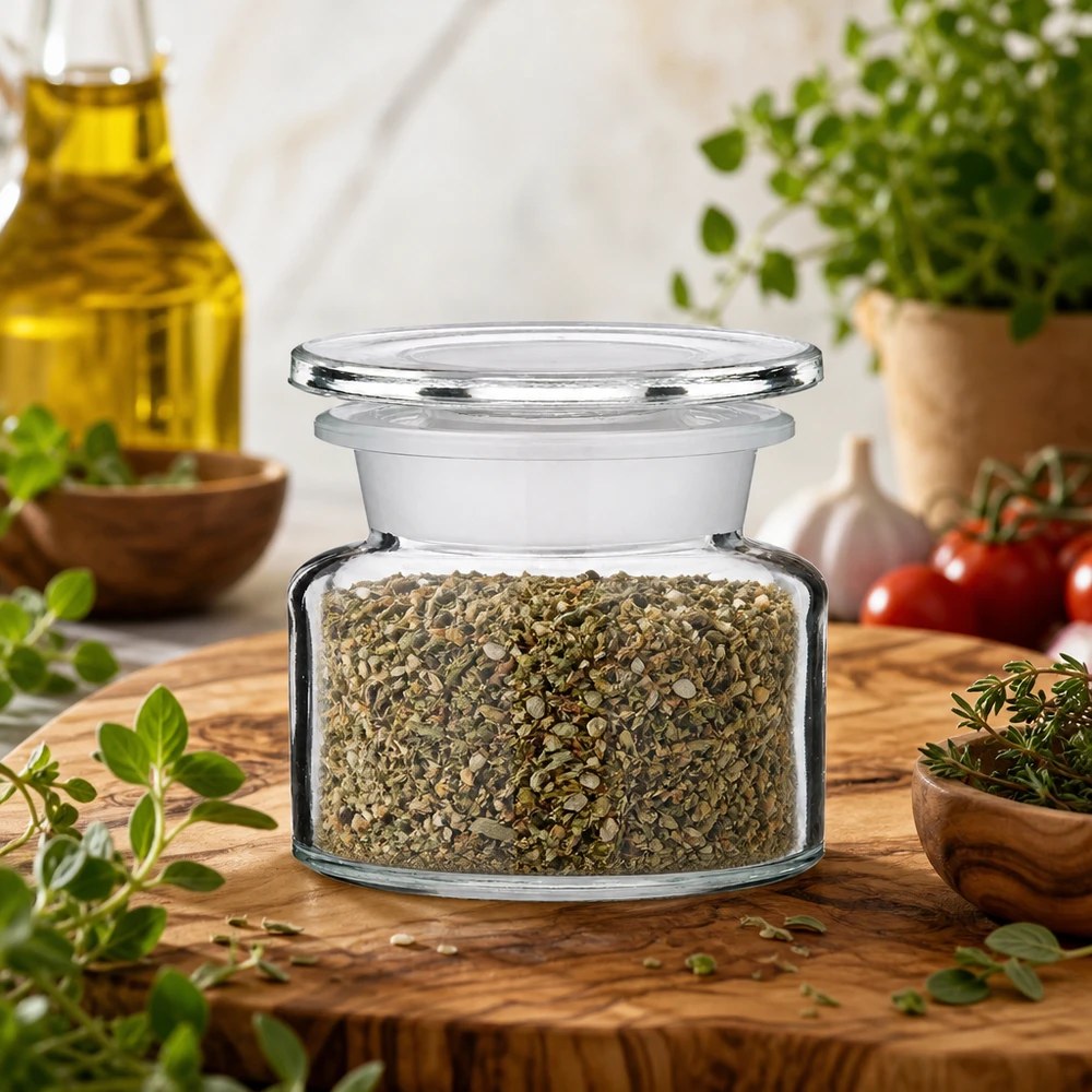 Flacone da farmacia a collo largo in vetro trasparente da 50 ml con erbe essiccate, olio d'oliva e pomodori da cucina