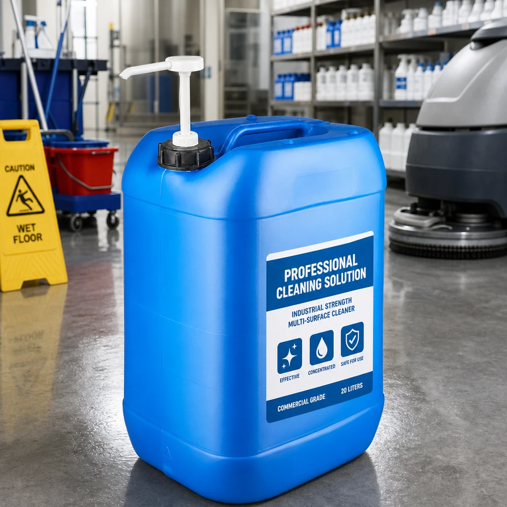 Bidon de 25 litres bleu avec pompe doseuse Bidon bleu de 25 litres contenant un produit nettoyant, équipé d'une pompe doseuse, dans un environnement de nettoyage professionnel