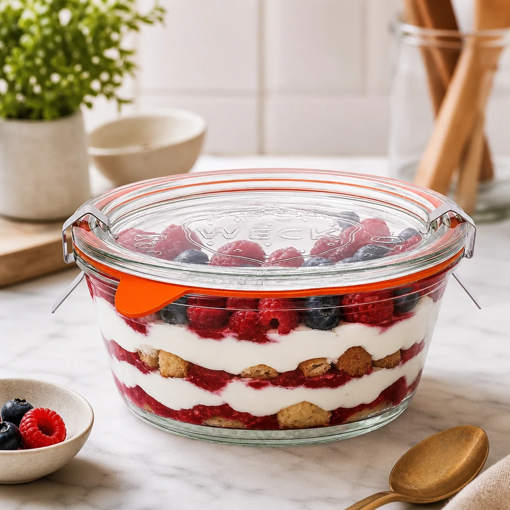 WECK vaso gourmet 300ml RR120 riempito con dessert ai frutti di bosco a strati, trifle in contenitore di vetro con coperchio