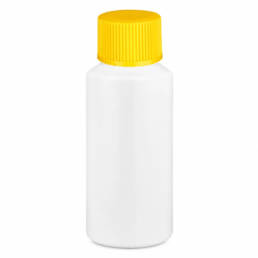 Kleine weiße HDPE Flasche 30ml mit gelbem Sicherheitsverschluss für Apotheke und Labor