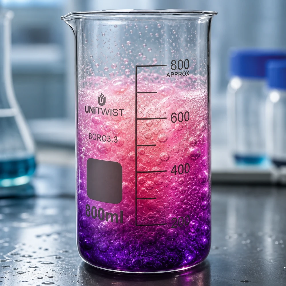 Bicchiere 800ml borosilicato, stampo alto UNITWIST Bicchiere da laboratorio UNITWIST da 800 ml, modello alto, in borosilicato, con liquido rosa-viola e bolle, in laboratorio