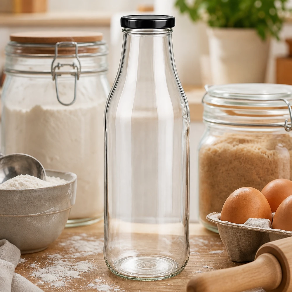 Bottiglia di vetro da 1000 ml vuota su tavolo di legno tra ingredienti da forno, uova e farina come attrezzatura da cucina