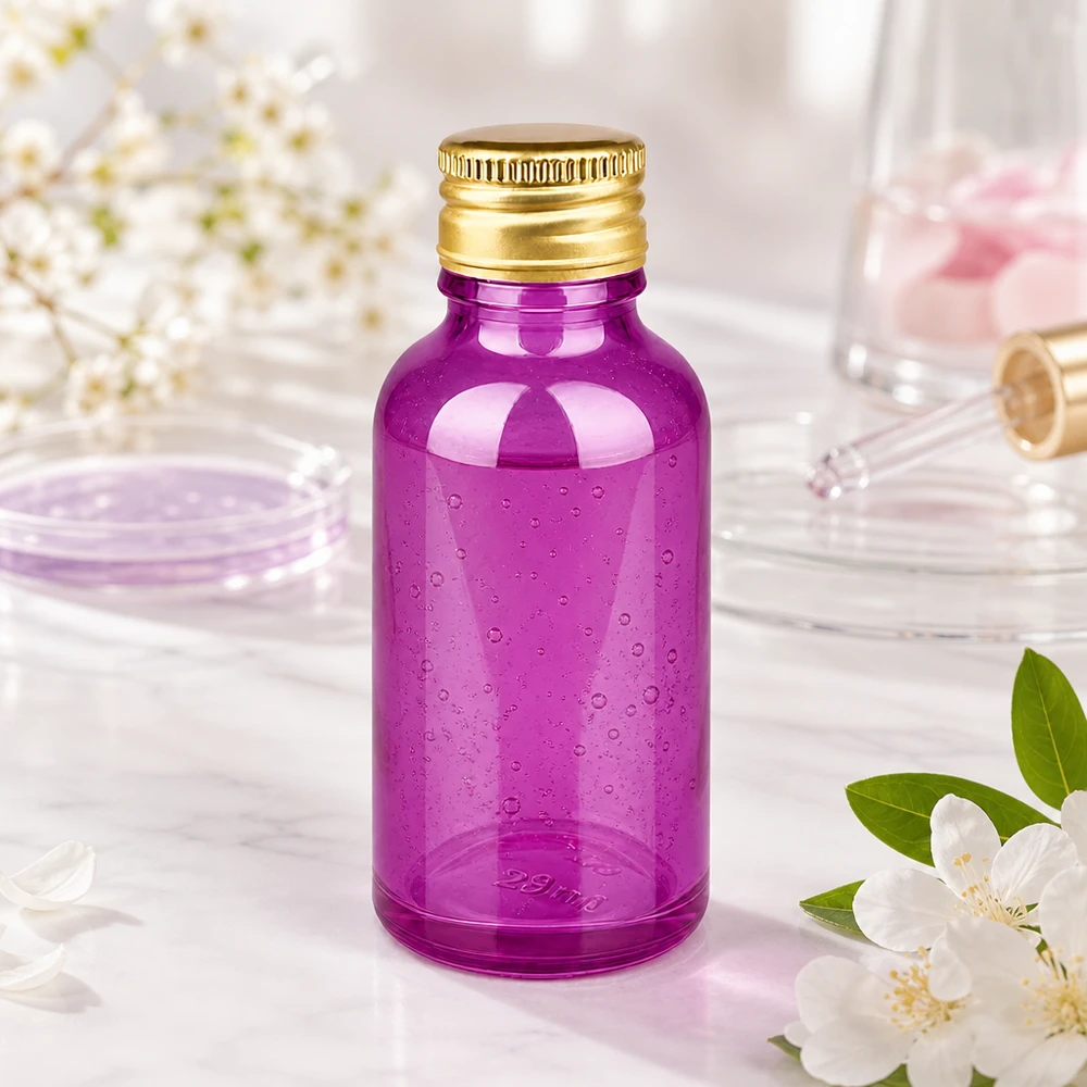 30ml Flasche 11mm Schraubverschluss Alu-Gold Standard PurpleLine. UT18/30 Elegante 30ml Flasche in Purple mit robustem Aluminiumdeckel für sichere Aufbewahrung von Konzentraten