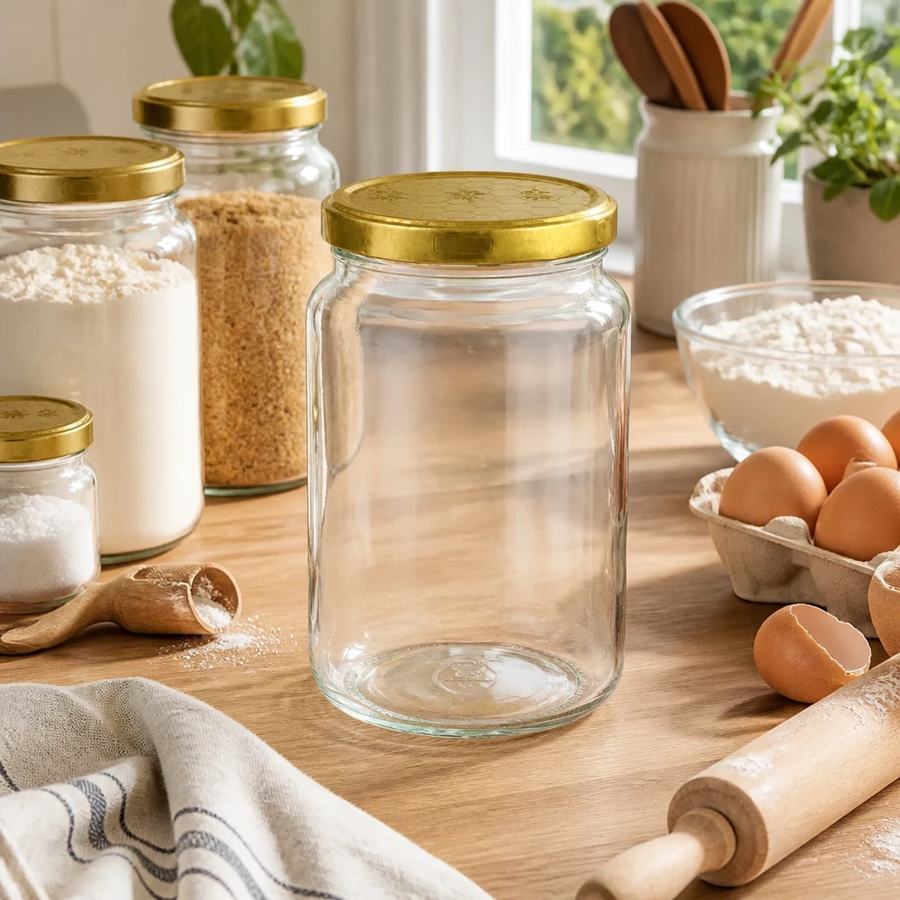 Barattolo rotondo vuoto da 795 ml con coperchio dorato a nido d'ape in scena in cucina con uova e ingredienti da forno