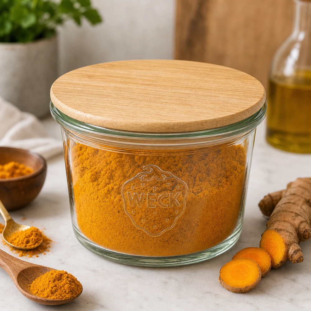 Mini tumbler WECK RR40 da 35 ml con coperchio in legno WECK mini barattolo di vetro da 35 ml con coperchio in legno riempito di curcuma in polvere in cucina accanto a radici di curcuma e spezie fresche