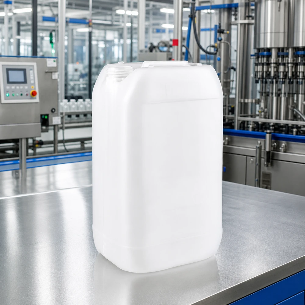Jerrican de 15 litres sans bouchon Bidon translucide en PEHD de 15 litres, sans bouchon, posé sur une table métallique dans une installation de remplissage moderne