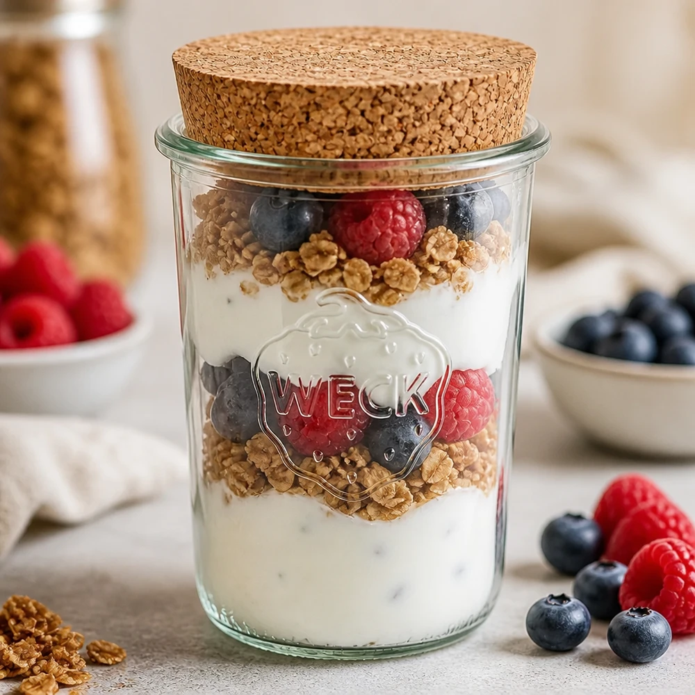 850ml Sturzglas WECK RR100 mit Korken natur WECK Sturzglas 850ml RR100 mit Korken als Joghurt Parfait Glas mit Beeren Granola und Naturjoghurt Schichtdessert