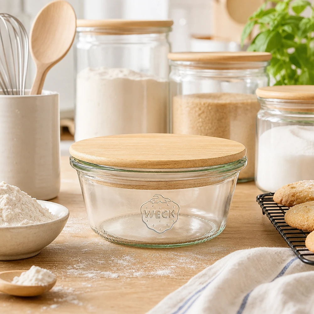 WECK Sturzglas 290ml RR100 mit Bambus-Holzdeckel in Bäckerei-Küche mit Mehl, Keksen und Vorratsorganisation