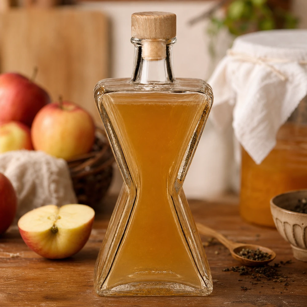Bottiglia in vetro da 200 ml Star con tappo in sughero con impugnatura in legno UNiTWIST® Bottiglia in vetro da 200 ml Star riempita di liquore alle mele - tappo in legno UNiTWIST presentato con mele fresche in una scena di cucina