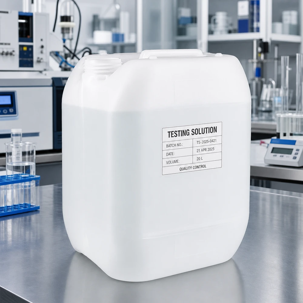 Jerrican de 10 litres sans bouchon Bidon blanc de 10 litres avec étiquette portant les mentions suivantes : numéro de lot, date, volume, contrôle qualité