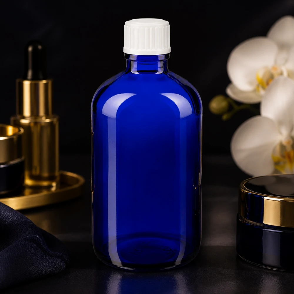 Apothekenflasche blau 100ml Schraubverschluss weiß Globuli Standard Kleine blaue Apothekerflasche 100ml Glas mit weißem Schraubdeckel lichtgeschützt