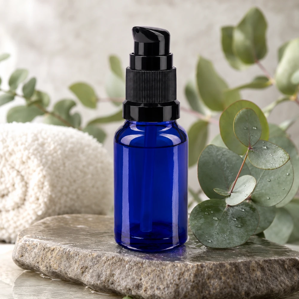 Apothekenflasche blau 10ml PumpVerschluss schwarz Standard Hochwertige blaue Miniaturflasche 10ml mit Pumpe aus UV-Schutzglas in Blau