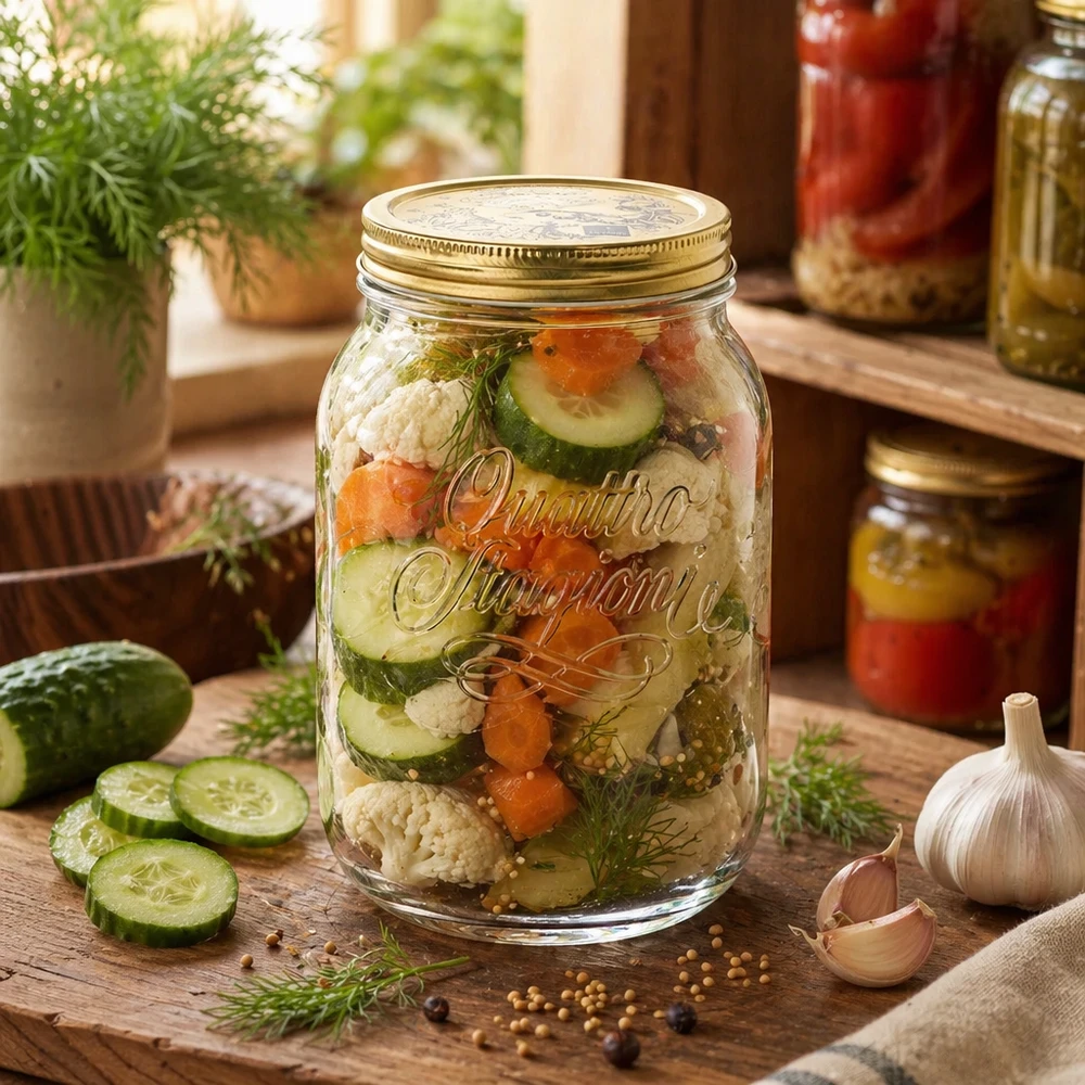 Barattolo rotondo "Quattro Stagioni" da 2000ml con coperchio Quattro Stagioni vaso da 2 litri con verdure sottaceto e aneto - conservazione tradizionale con cetriolini e cavolfiore