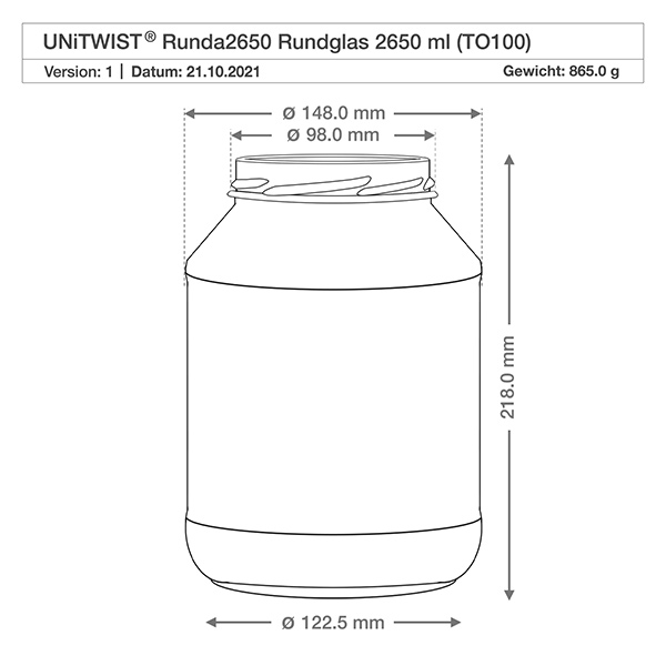 UNiTWIST Runda2650 - Bicchieri capacità 2650ml TO100 Disegno tecnico UNiTWIST Runda2650 tumbler 2650ml con dimensioni diametro 148mm altezza 218mm TO100